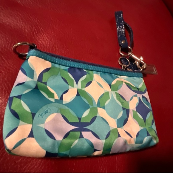 Coach Poppy Blue and Green Patterned Satin Wristlet - Picture 4 of 9